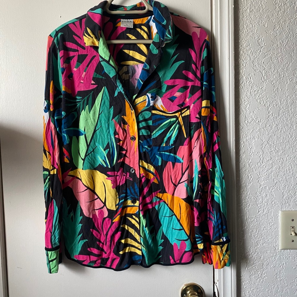Soma Womens Large Tropical Toucan Print Pajama Top Long Sleeve Button Down Multi